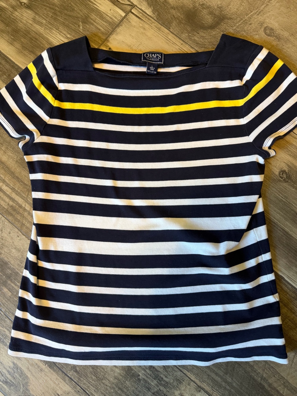 Chaps Navy, White & Yellow Striped Boatneck Top